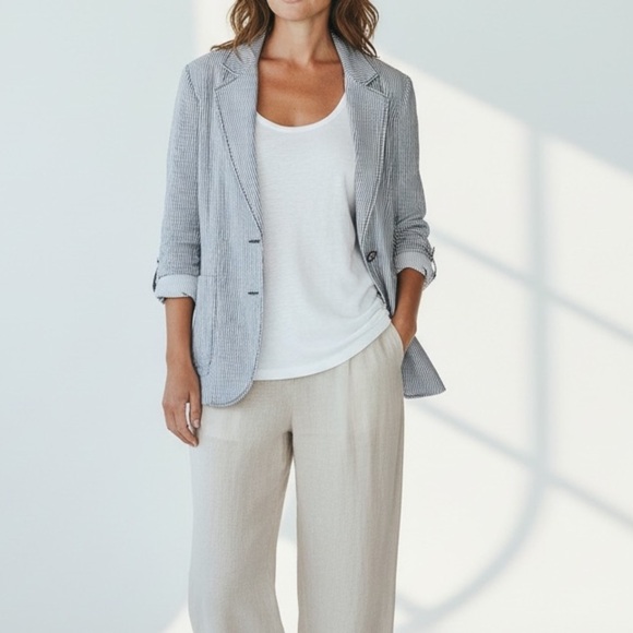 Chico's Jackets & Blazers - Chico's Seersucker Striped gray white yellow Yachtie Blazer coastal classic